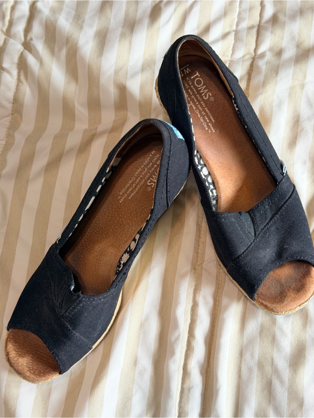 Toms Black Canvas Peep-Toe Wedge